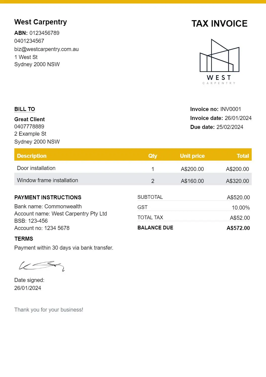 Australian invoice example