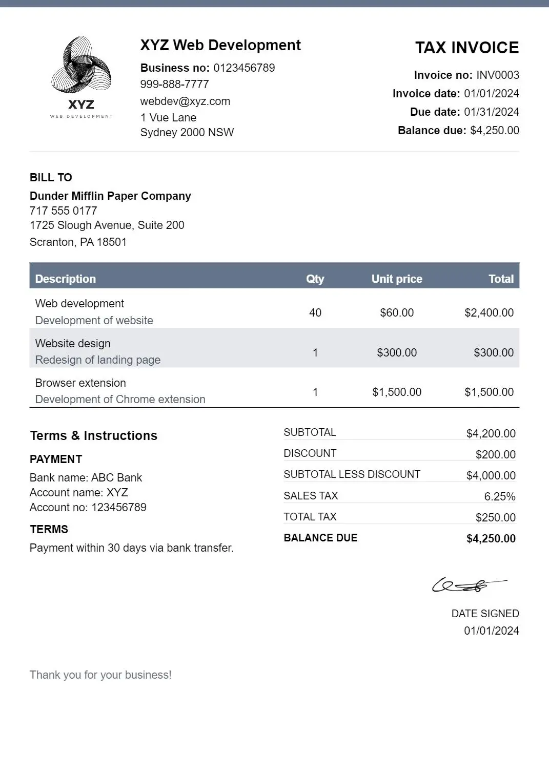 Invoice template selection preview
